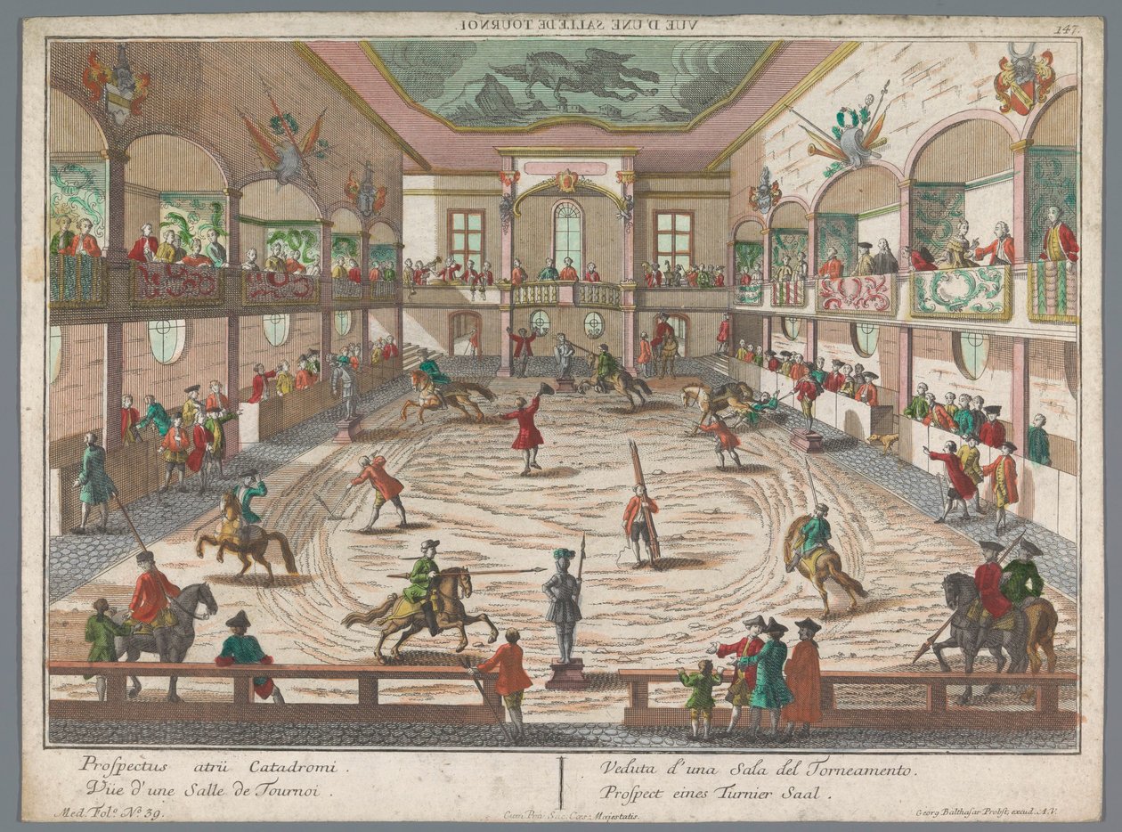 Vy över en turneringsskola Prospect eines Turnier Saal (titel på objekt) Turnerings- och fäktskolor (serietitel) av Georg Balthasar Probst