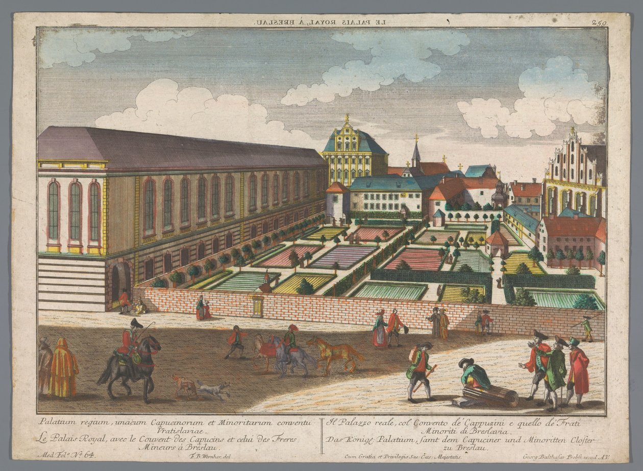 Utsikt över det kungliga palatset och klostret för de mindre kapucinerna i Wroclaw Das Könige Palatium, samt dem Capuciner und Minoritten Closter zu Breslau (titel på objekt) Wroclaw (serietitel) av Georg Balthasar Probst