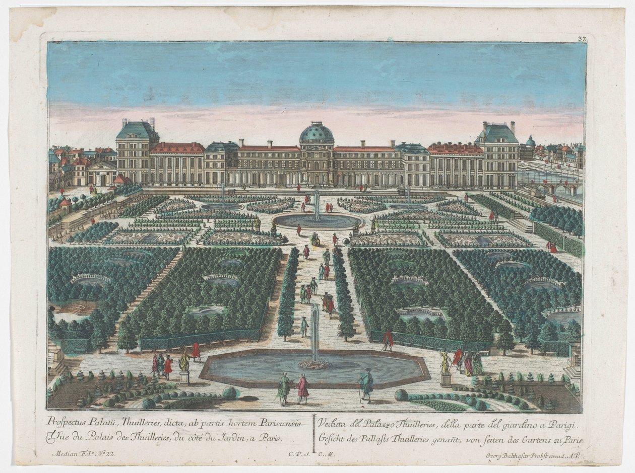 Utsikt över Palais des Tuileries i Paris sett från Jardin des Tuileries Gesicht des Pallasts Thuilleries genannt, av seiten des Gartens zu Paris (titel på objekt) Paris (serietitel) av Georg Balthasar Probst