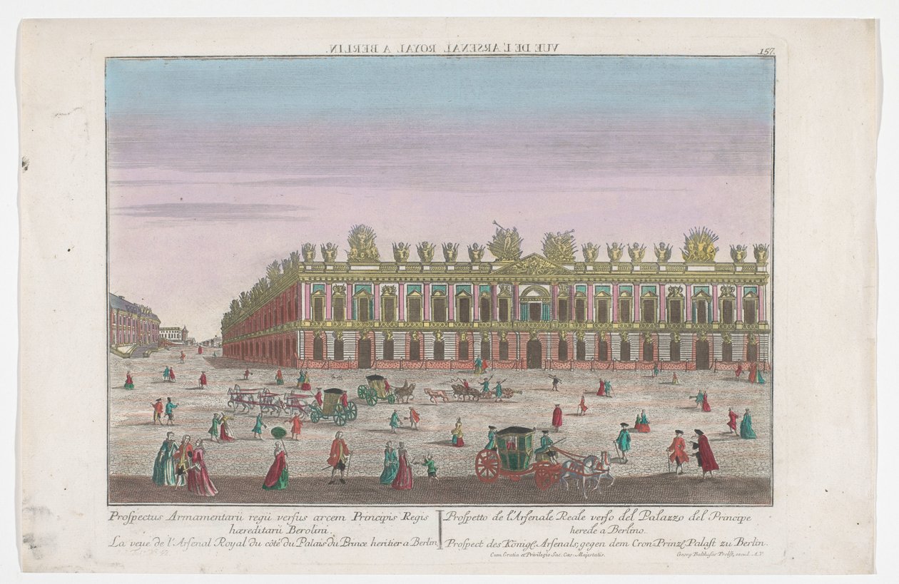 Utsikt över Zeughaus i Berlin Prospect des Konigl. Arsenals, gegen dem Cron.Prinzl. Palace of Berlin (titel på objekt) Berlin (serietitel) av Georg Balthasar Probst