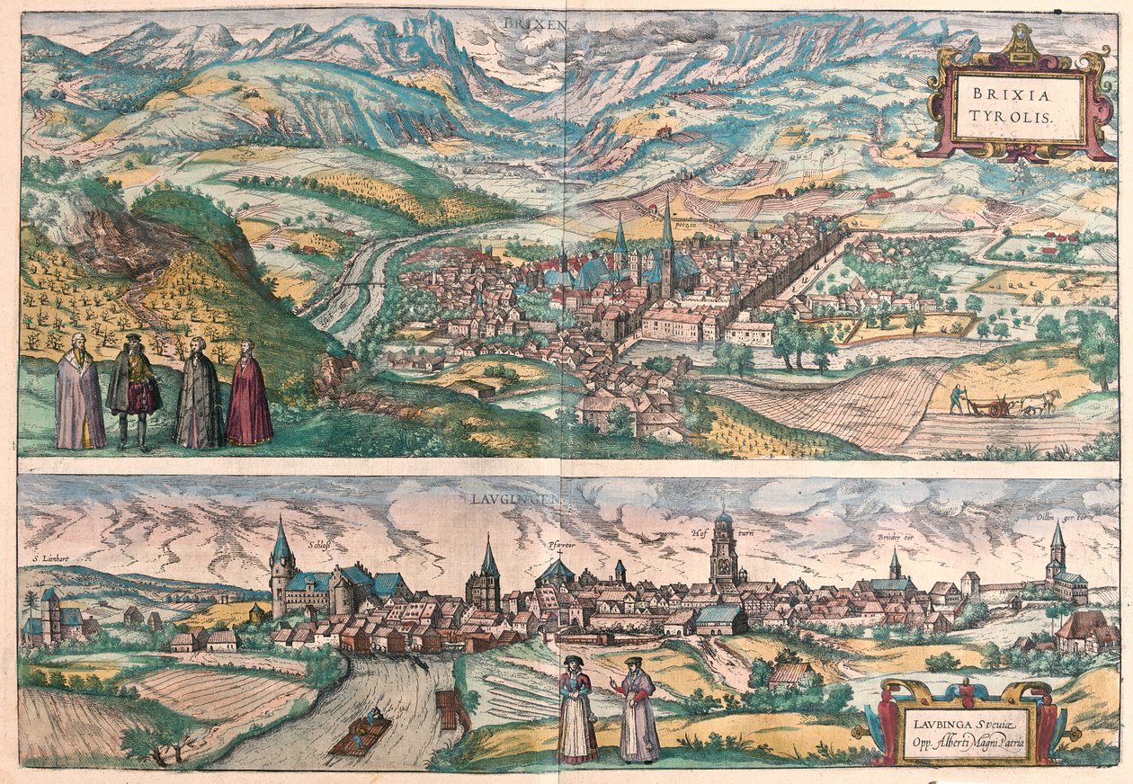 Bressanone, Italien - Lauingen, Donau, Tyskland - i "Civitates Orbis Terrarum" av Georg Braun, Köln 1617 av Georg Braun