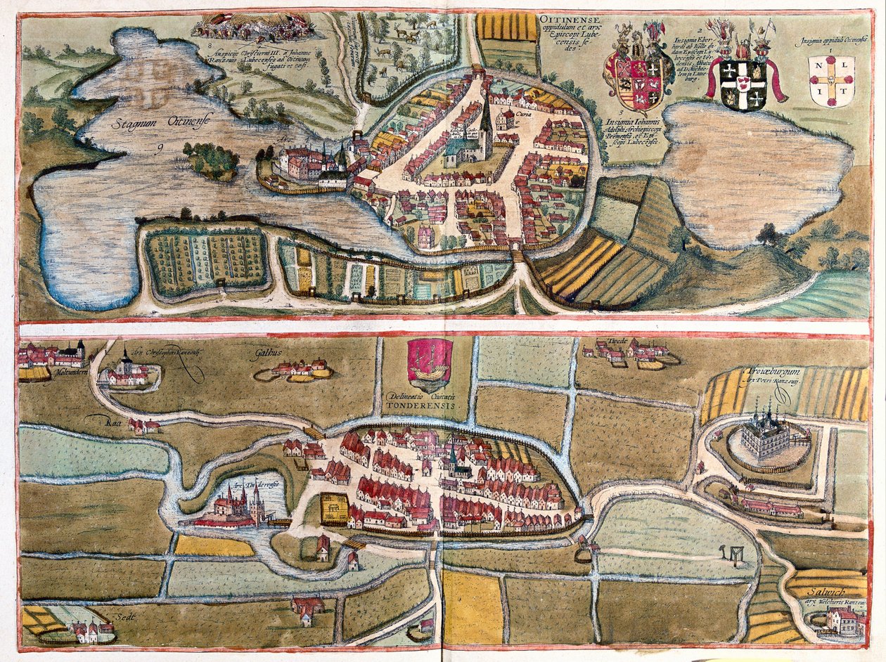 Eutin, Tyskland - Tonder, Danmark - i "Civitates Orbis Terrarum" av Georg Braun, Köln 1617 av Georg Braun