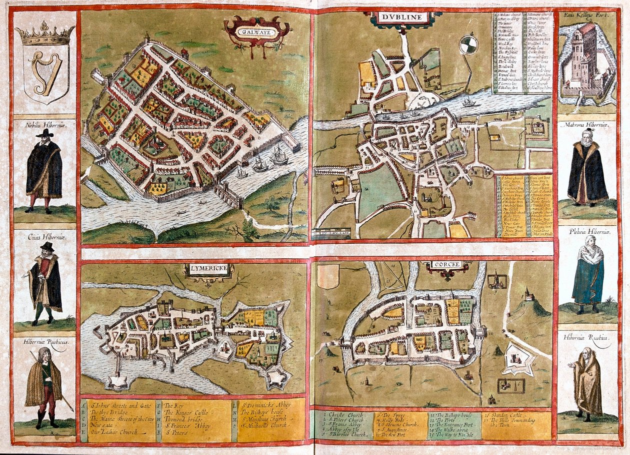 Galway, Dublin, Limerick och Cork, England - i "Civitates Orbis Terrarum" av Georg Braun, Köln 1617 av Georg Braun