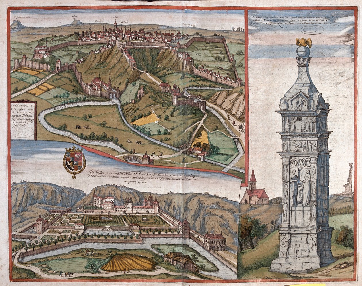 Luxemburg, Igels monument och Mansfelds slott Ardennerna, Nederländerna - i "Civitates Orbis Terrarum" av Georg Braun, Köln 1617 av Georg Braun