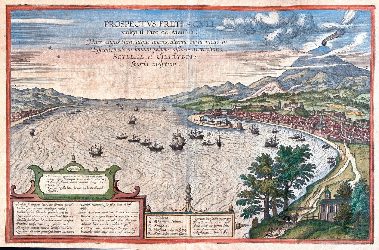 Messina (Pharo) - Scilla och Cariddi, Sicilien, Italien - i "Civitates Orbis Terrarum" av Georg Braun, Köln 1617 av Georg Braun