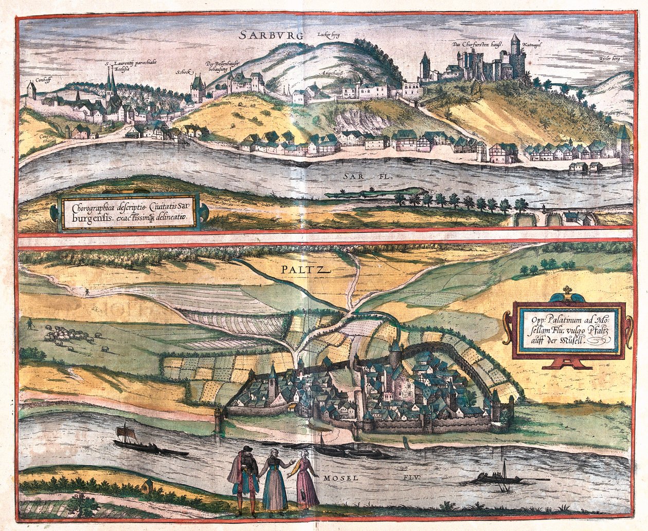 Saarburg, Pfalzel, Tyskland - i "Civitates Orbis Terrarum" av Georg Braun, Köln 1617 av Georg Braun