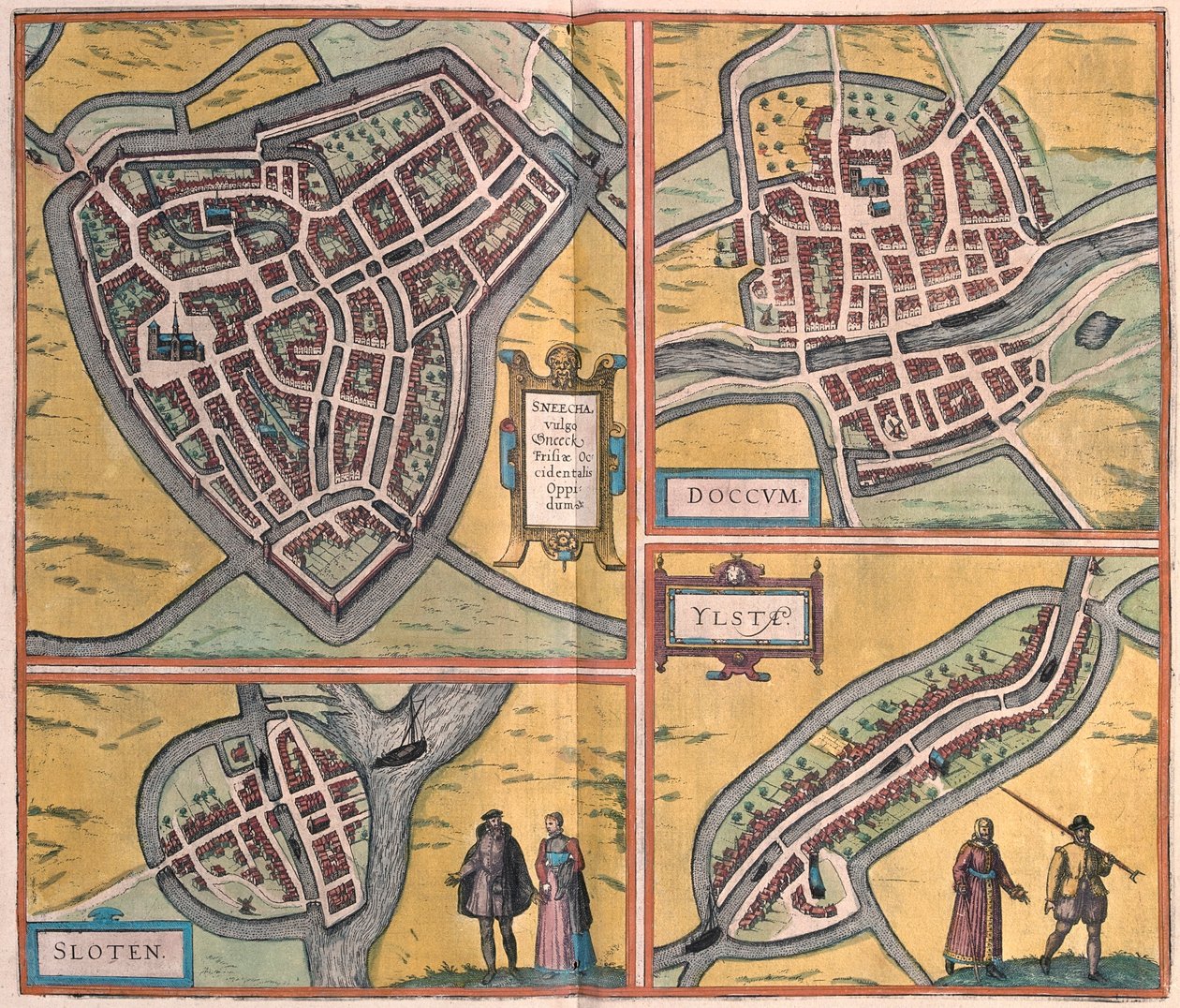 Sneek, Doccum, Sloten, Ijlst, Nederländerna - i "Civitates Orbis Terrarum" av Georg Braun, Köln 1617 av Georg Braun