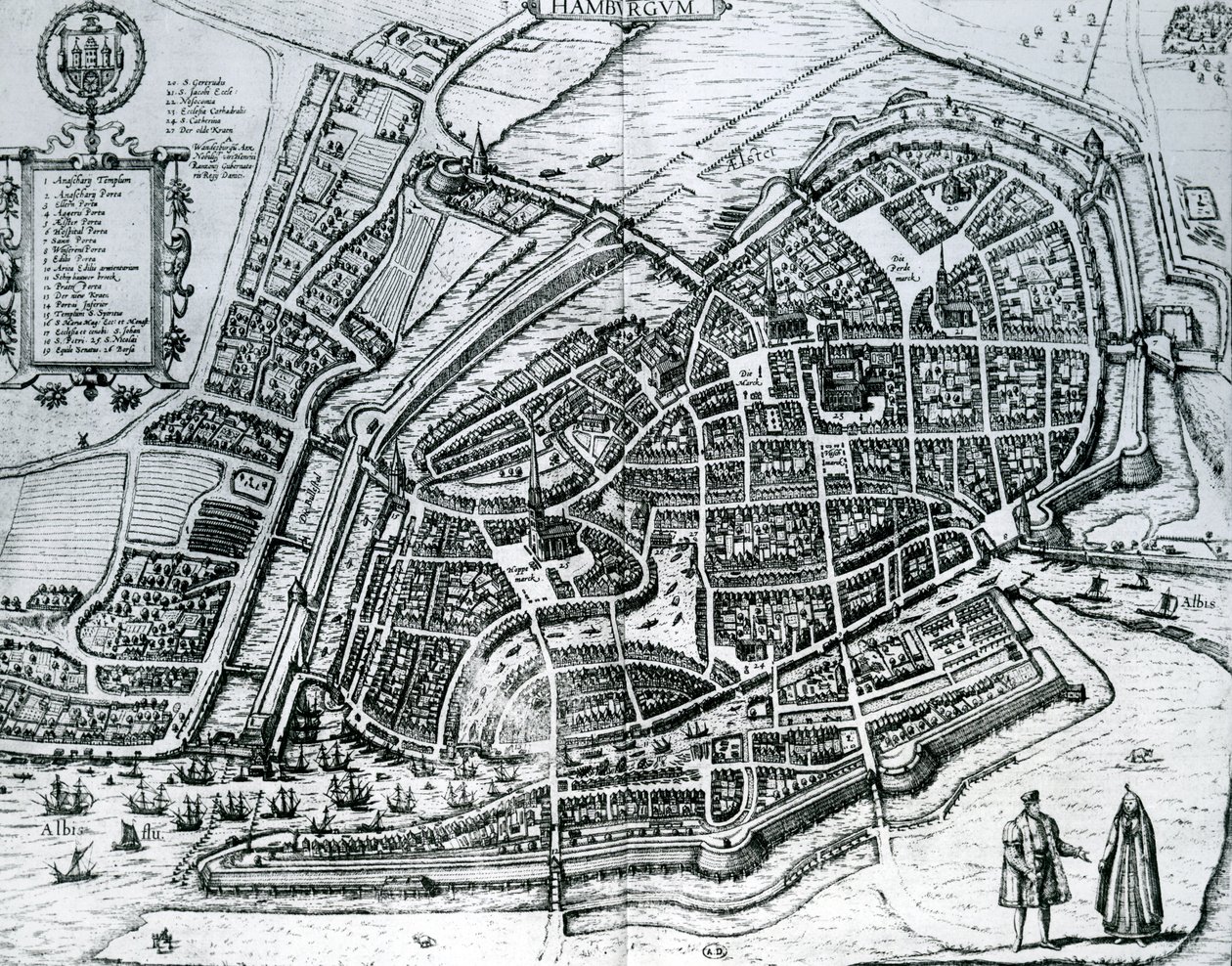 Karta över Hamburg, från "Cities of the World" av Georg Braun und Franz Hogenberg
