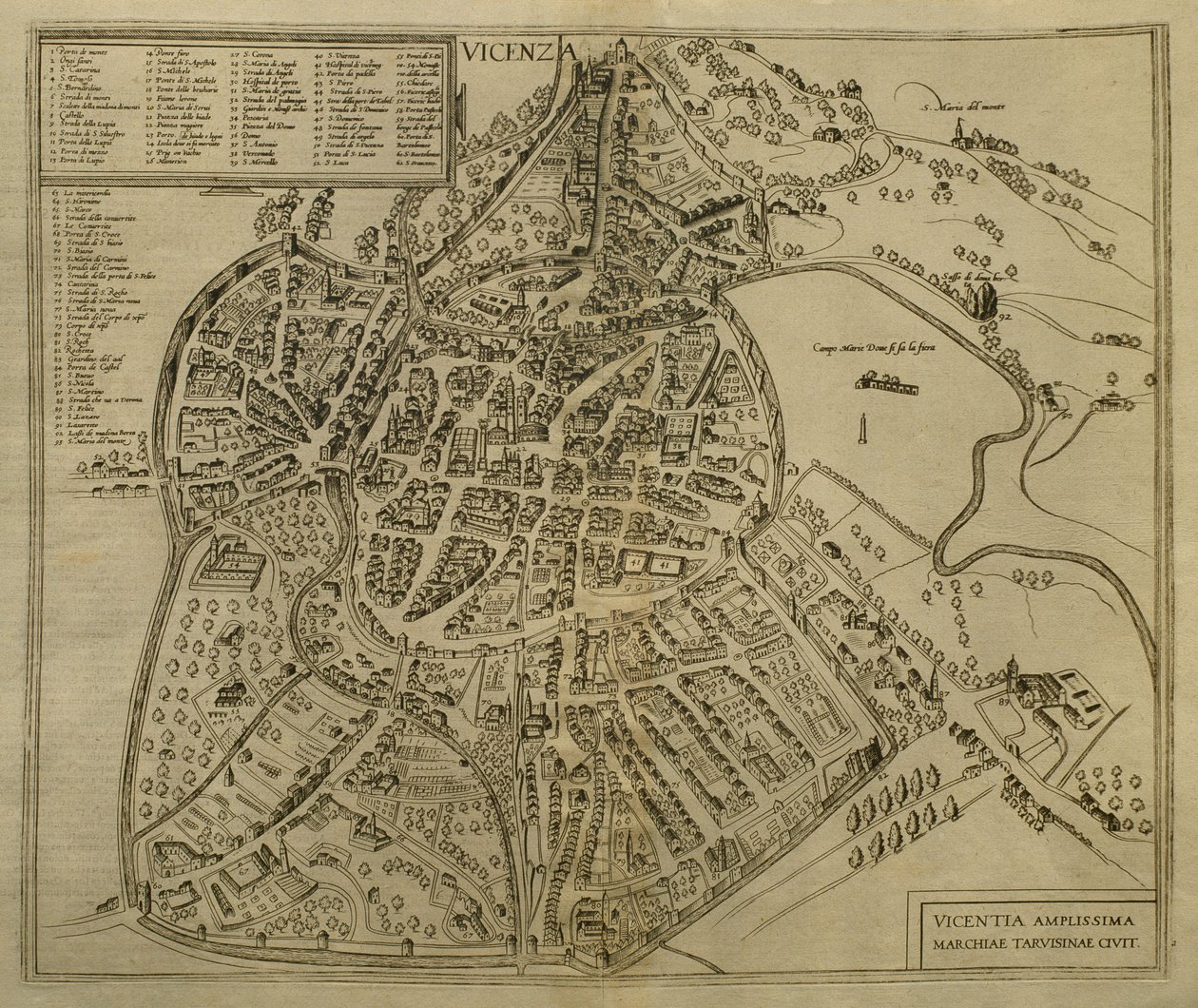 Karta över Vicenza, illustration från "Civitates Orbis Terrarum", ca 1580 av Georg Braun und Franz Hogenberg