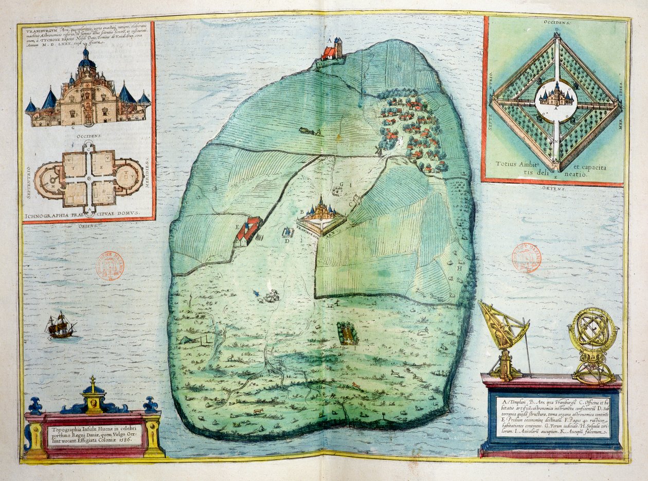Uraniborgs slott och observatorium på ön Hven i Danmark, byggt omkring 1584 av Tycho Brahe (1546-1601), från Urbium Praecipuarum Mundi Theatrum Quintum, publicerat i Köln 1598 (färg av Georg Braun und Franz Hogenberg