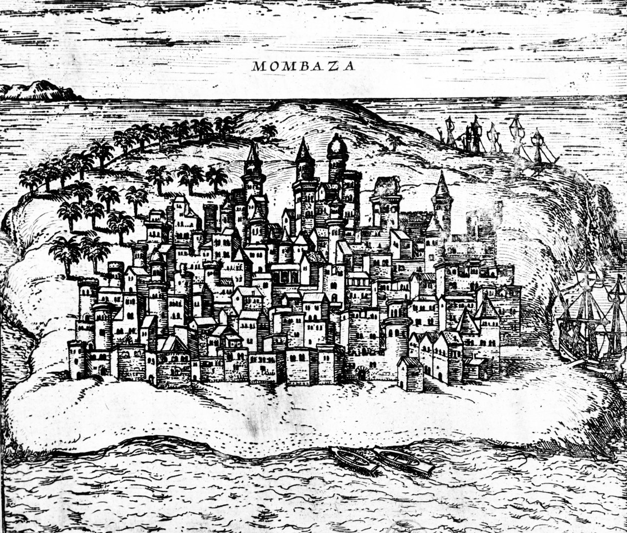 Vy över Mombaza, från Georg Brauns Civitates orbis terrarum, publicerad 1572 gravyrdetalj av 483404 av Georg Braun und Franz Hogenberg