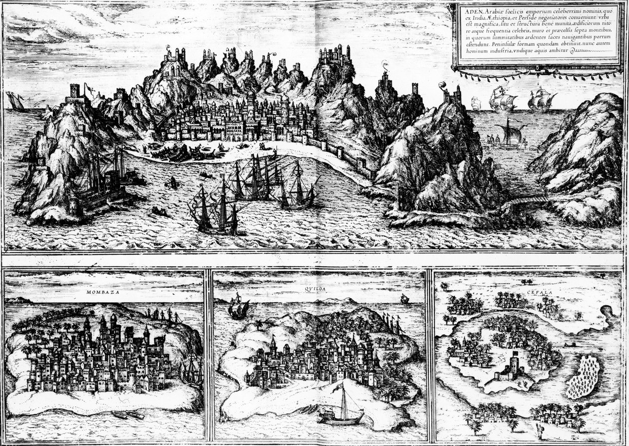 Utsikt över Aden, Mombaza, Quiloa och Cefala, från Georg Brauns "Civitates orbis terrarum", publicerad 1572 av Georg Braun und Franz Hogenberg