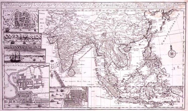 Indien till västra Nya Guinea inklusive södra Japan och Filippinerna, graverat av J.B. Bruhl, ca 1737 (gravyr). av Georg Christian Bonstedt