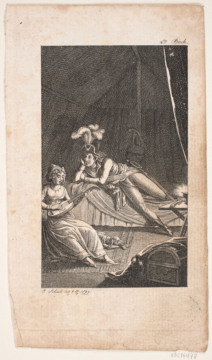Illustration med en dam som spelar lutan för en gentleman i ett tält av Georg Christian Schule