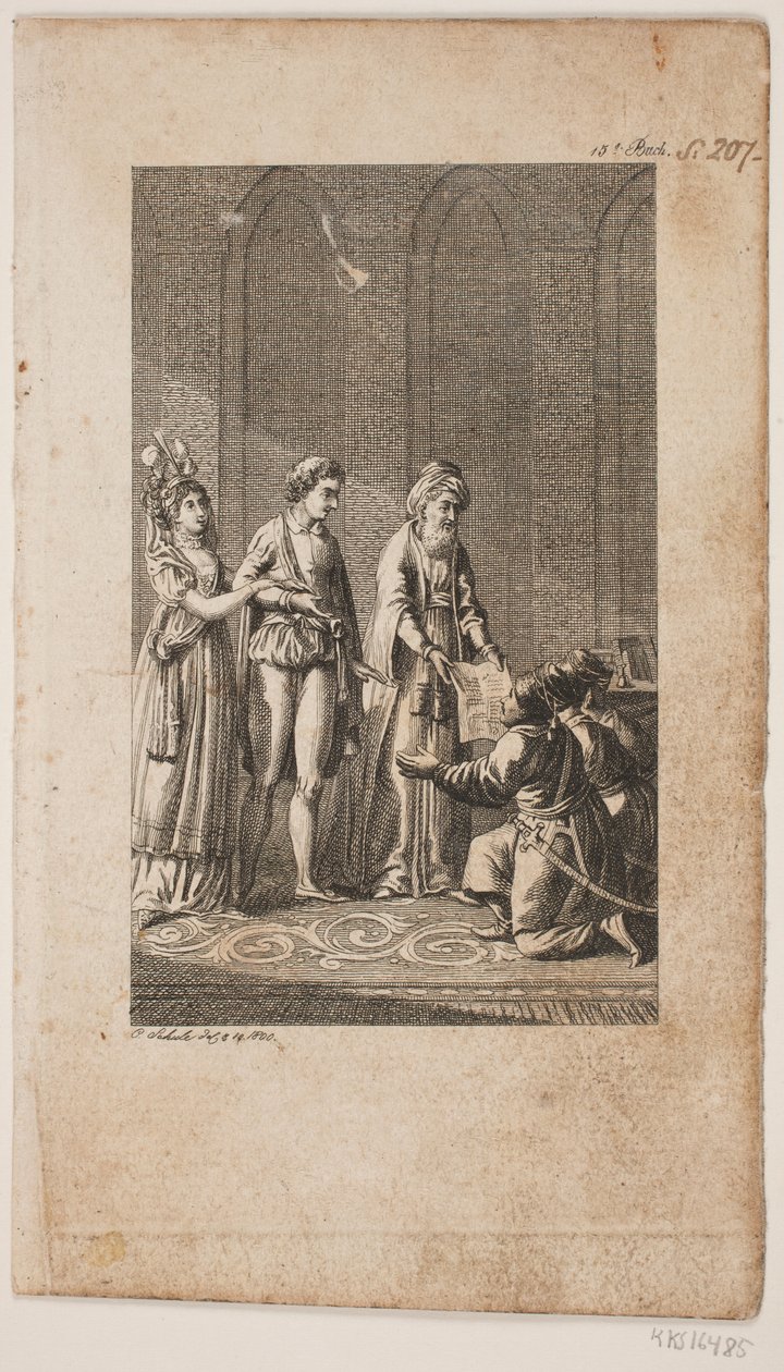 Illustration med ett ungt par med en orientalisk och tre knästående turkiska soldater av Georg Christian Schule