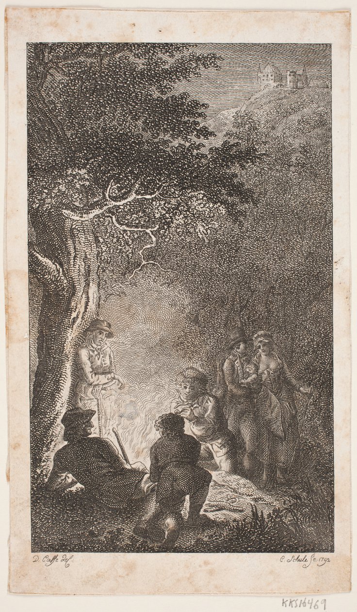 Illustration med figurer runt en eld av Georg Christian Schule