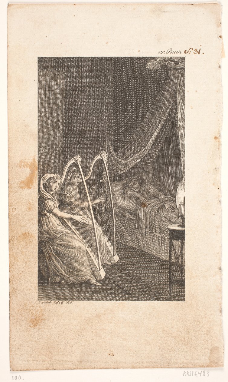 Illustration med harpaspelare av Georg Christian Schule