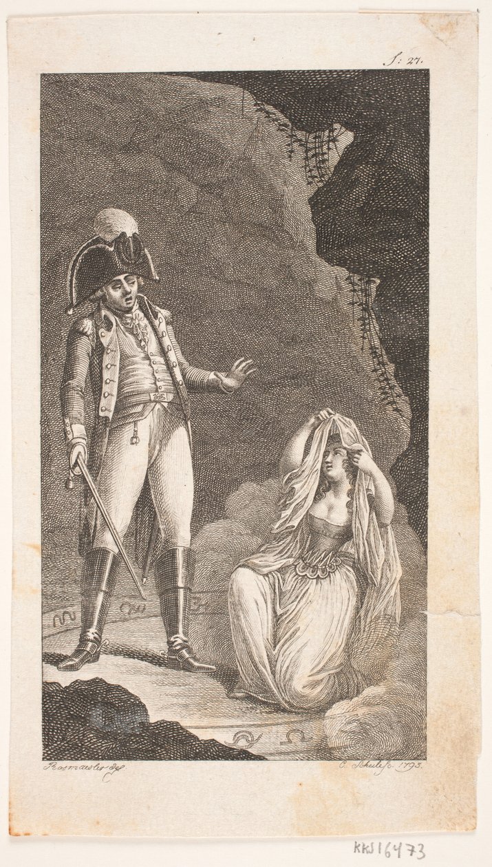 Illustration med officer och knästående dam av Georg Christian Schule