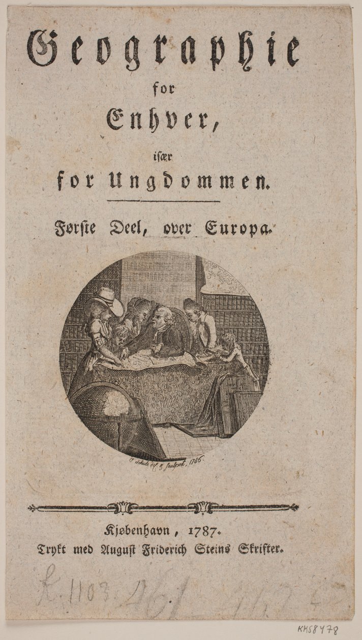 Titelsida med vinjett för "Geografi för alla" av Georg Christian Schule