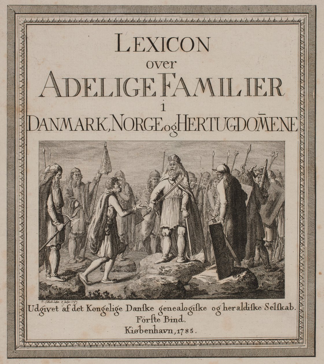 Titelsida för "Lexikon över adelsfamiljer i Danmark, Norge och hertigdömena" av Georg Christian Schule