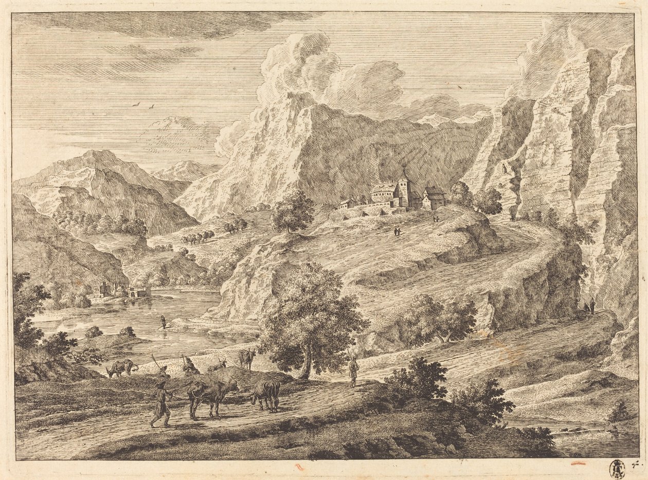 Bergigt landskap med figurer och ett kloster av Georg Eisenmann