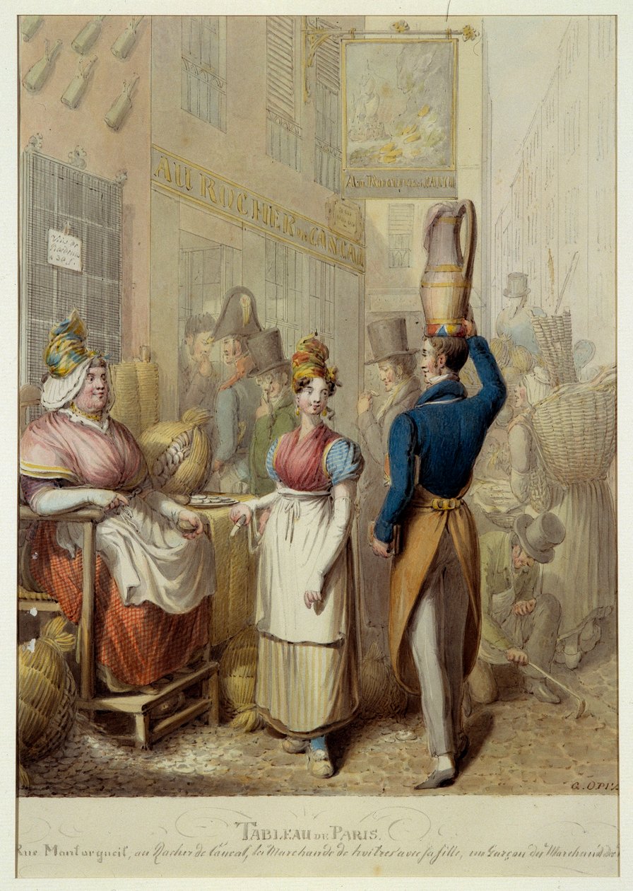 Tableau de Paris: rue de la rue Montorgueil och caférestaurang "Le Rocher de Cancale" i Paris. Gatuhandlare och förbipasserande. Litografi av tysken George Emanuel Opitz (1775-1841) av Georg Emanuel Opitz