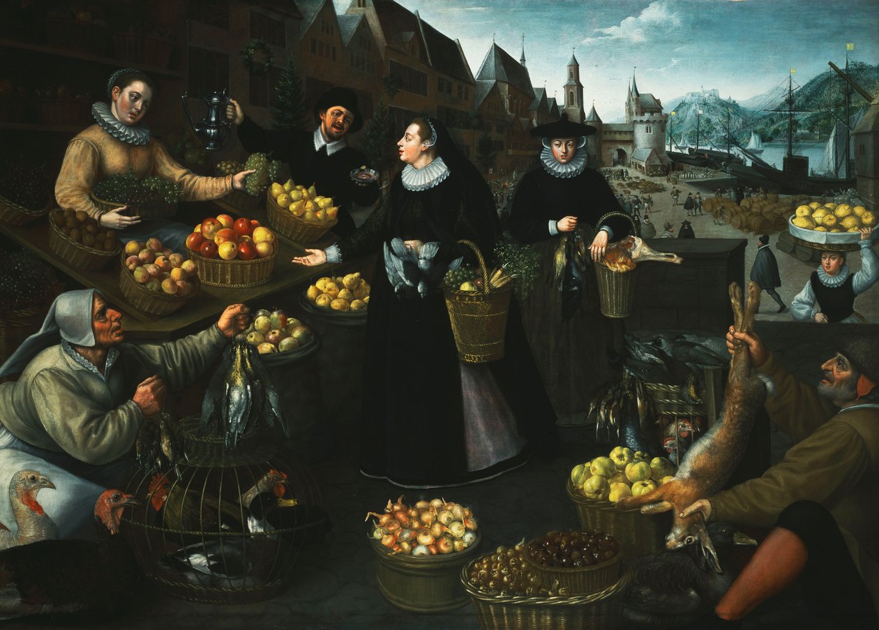En allegori om hösten: ett frukt- och grönsaksstånd ovanför Weinmarkt i Frankfurt, av Georg Flegel