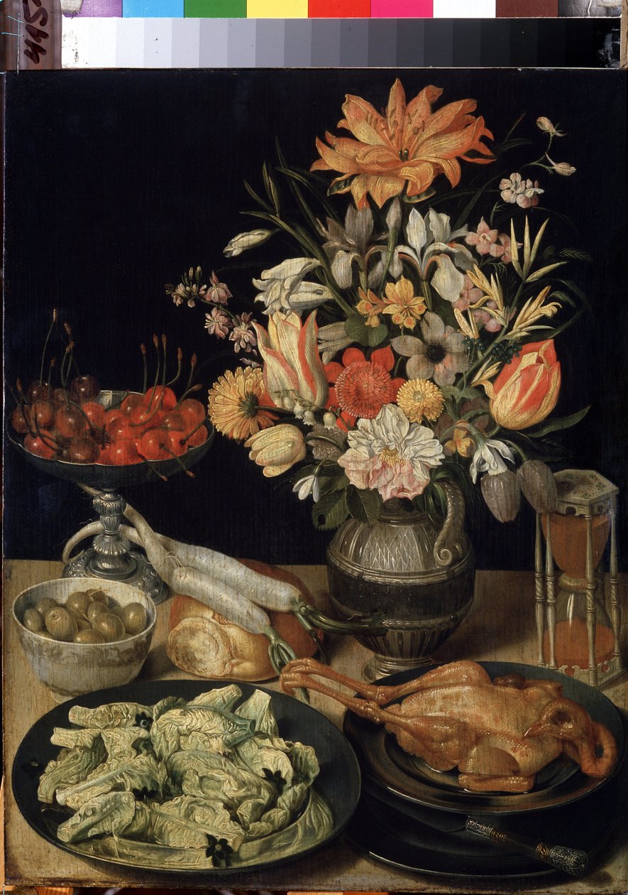 ""Stilleben med blommor, kyckling, timglas, oliver, körsbär och kål"" (Stilleben med blommor och mellanmål) Målning av Georg Flegel (1566-1638) 1630-1635 Dim. 52,5x41 cm Eremitagemuseet, Sankt Petersburg av Georg Flegel
