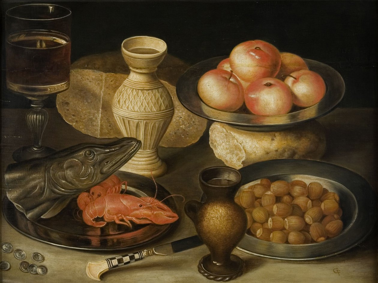 Stilleben med Siegburg stengodskanna, glas, kniv, två bröd, tidigt 1600-tal.. av Georg Flegel