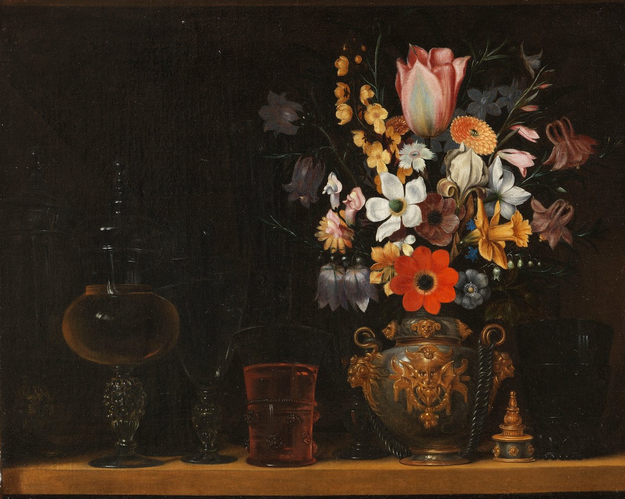 Stilleben med en bukett blommor och glasbägare av Georg Flegel