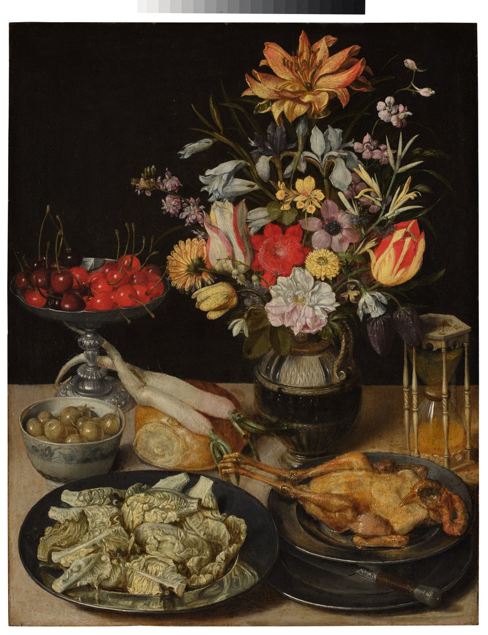 Stilleben med blommor och livsmedel av Georg Flegel