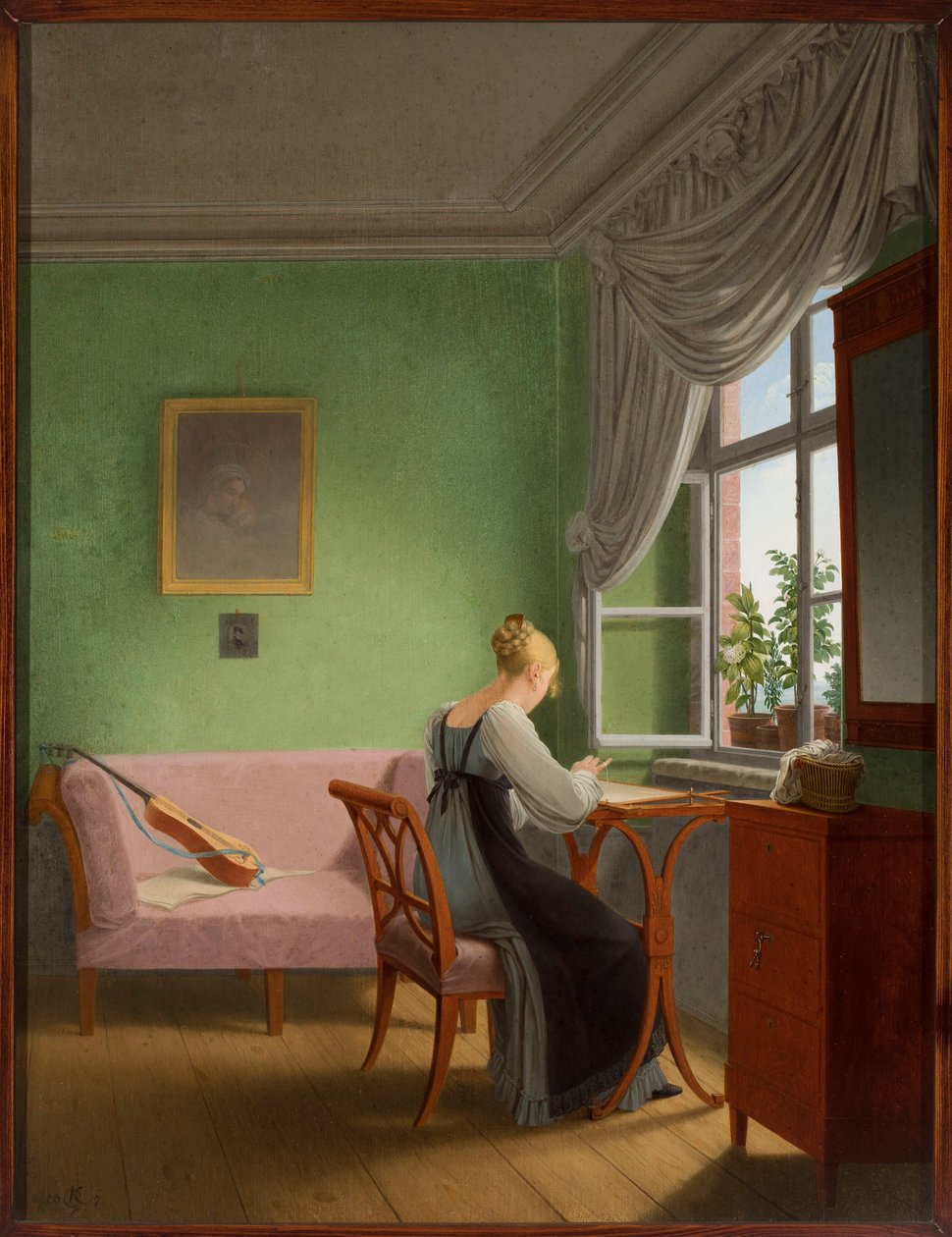 Broderande kvinna vid fönstret av Georg Friedrich Kersting