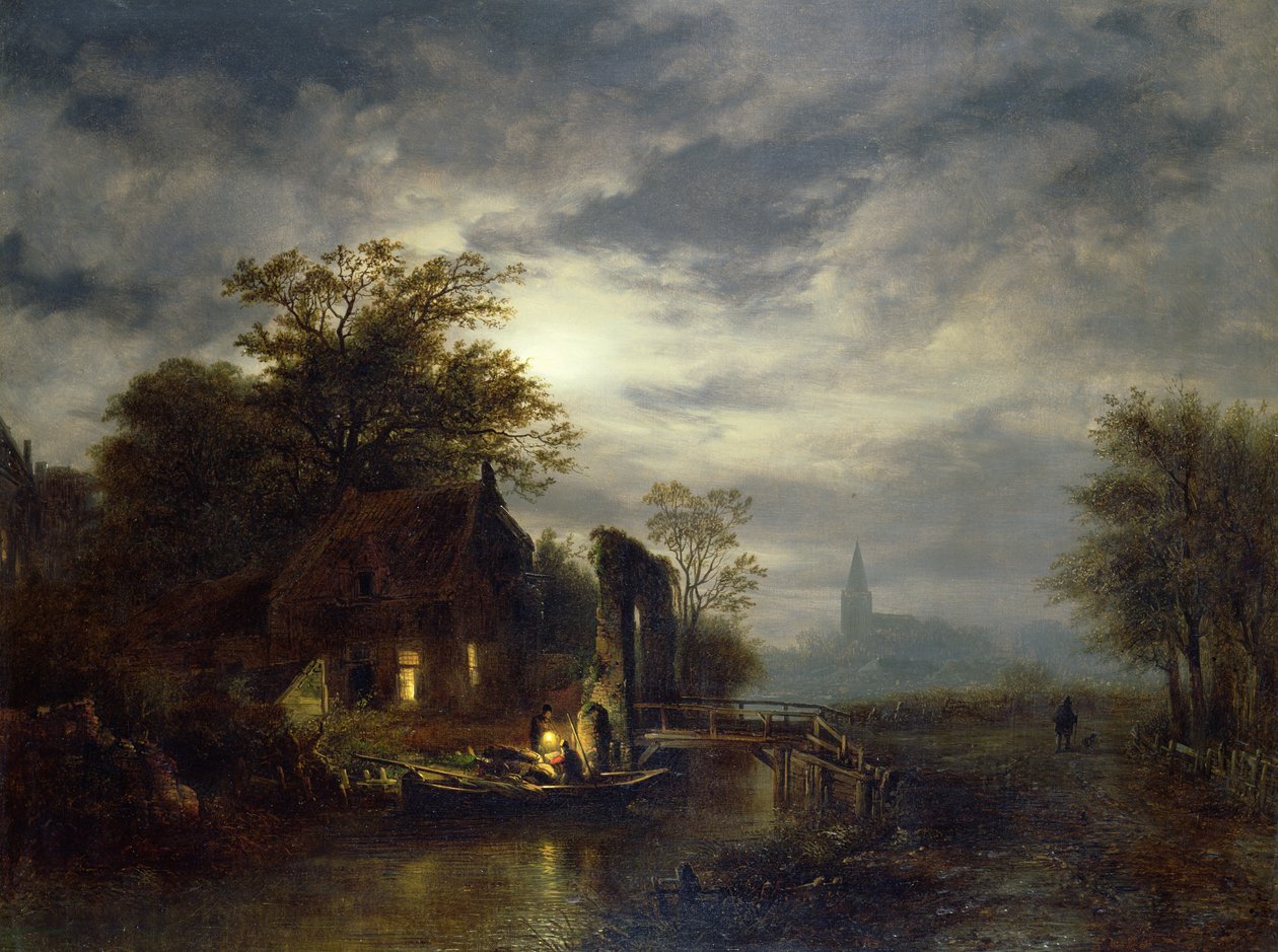 Månbelyst flodscen med figurer som lossar en båt av Georg Gillis van Haanen