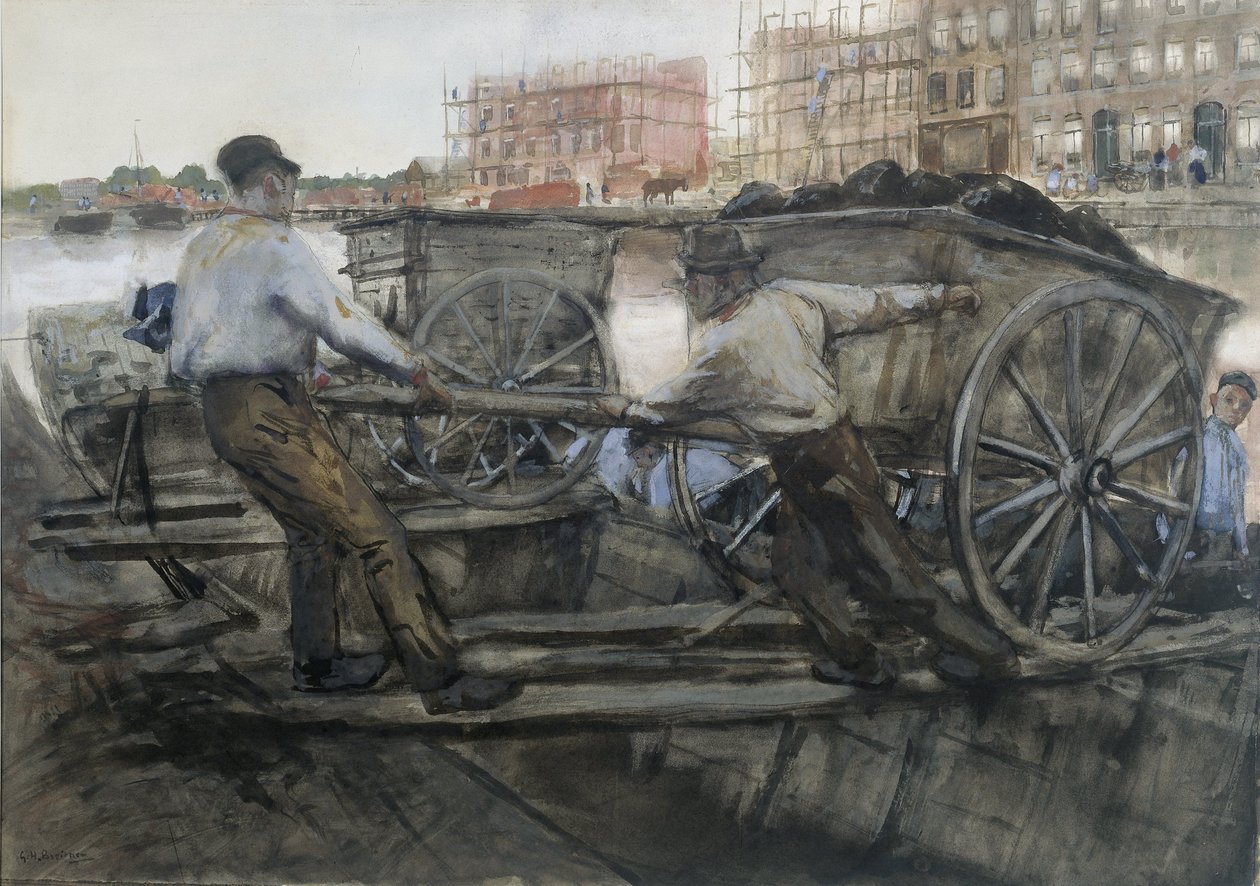 Arbetare som drar en tungt lastad vagn på Jacob van Lennepkade, Amsterdam, 1900 av George Hendrik Breitner