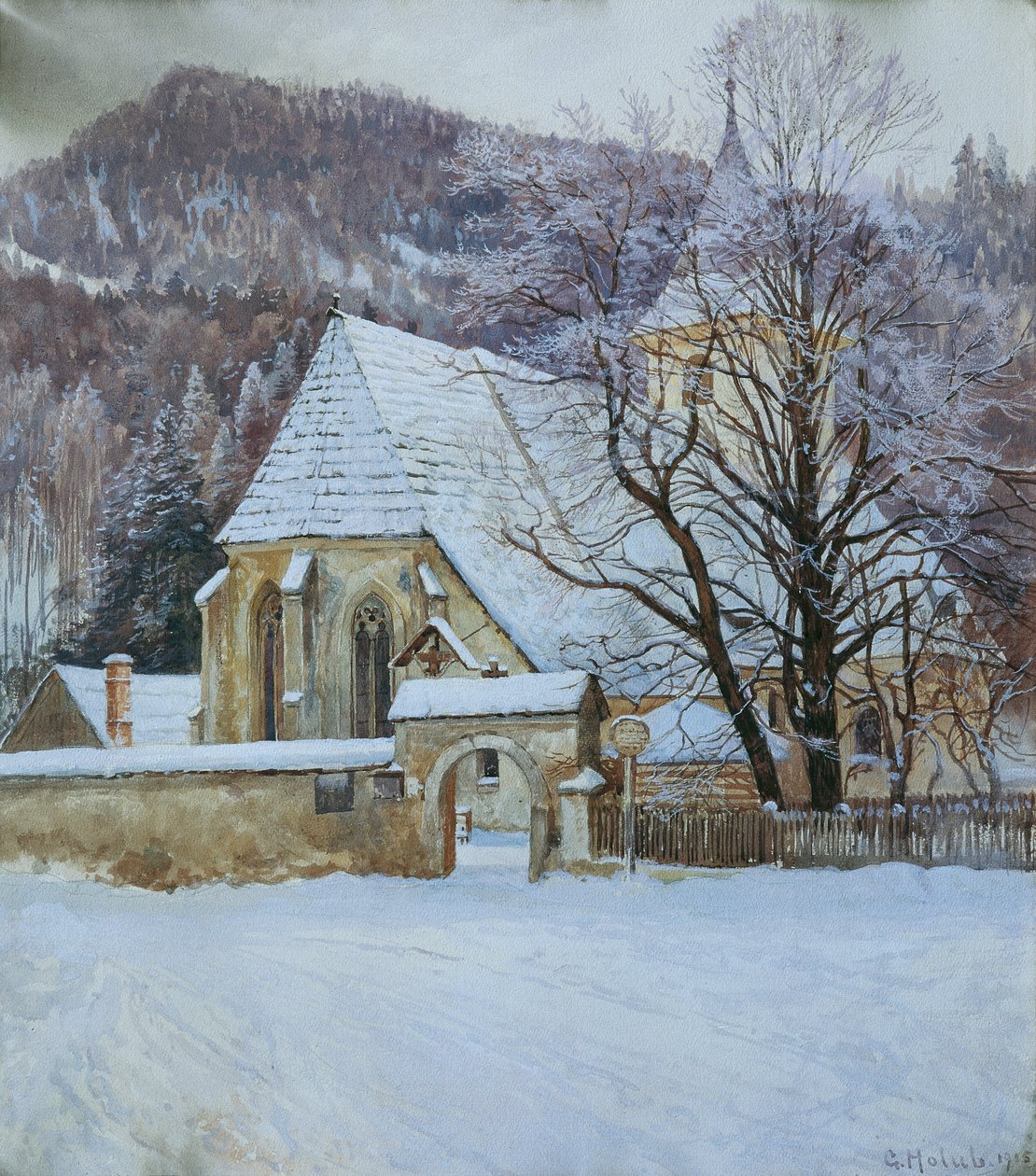 Vinter i Rosenthal nära Kapellen (Styrien) med en gammal gotisk kyrka av Georg Holub