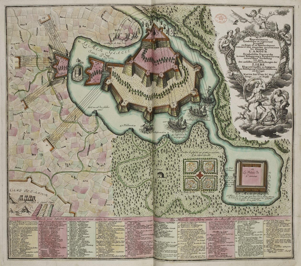 Allegorisk karta över belägringen av kärlekens slott av Georg Matthäus Seutter