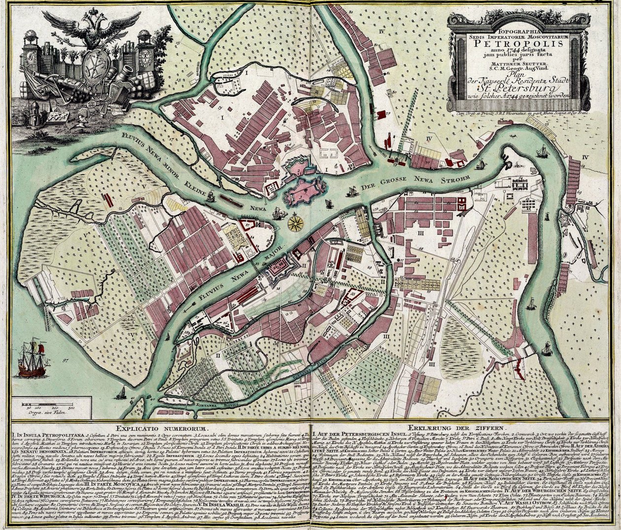Karta över Sankt Petersburg (Ryssland) - Verk av Matthaeus Seutter (1678-1757), gravyr och akvarell av Georg Matthäus Seutter