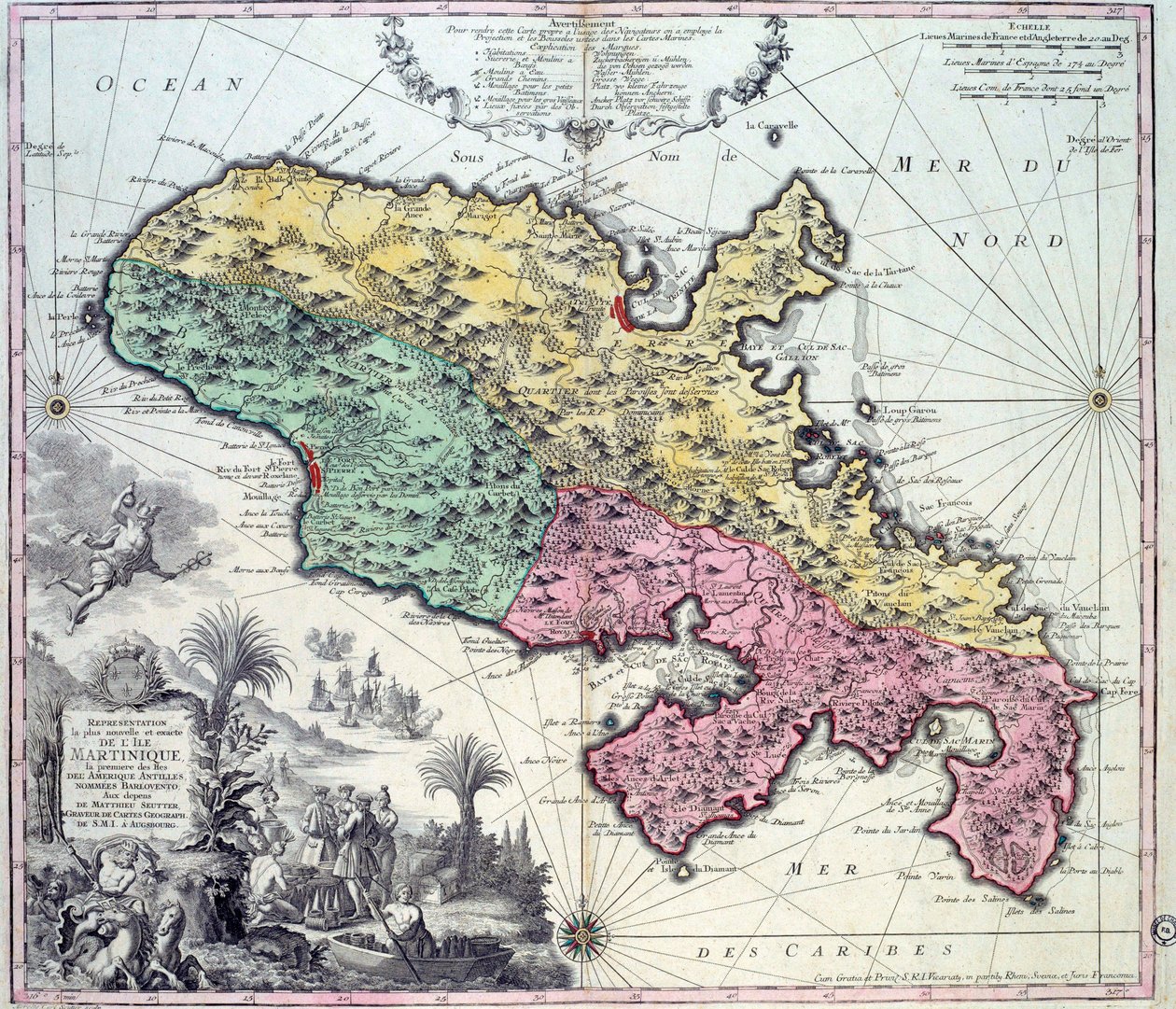 Detaljerad karta över ön Martinique i Västindien. Gravyr av Matthew Seutter (1678-1757) Chartres från 1700-talet, Musee des Beaux Arts av Georg Matthäus Seutter