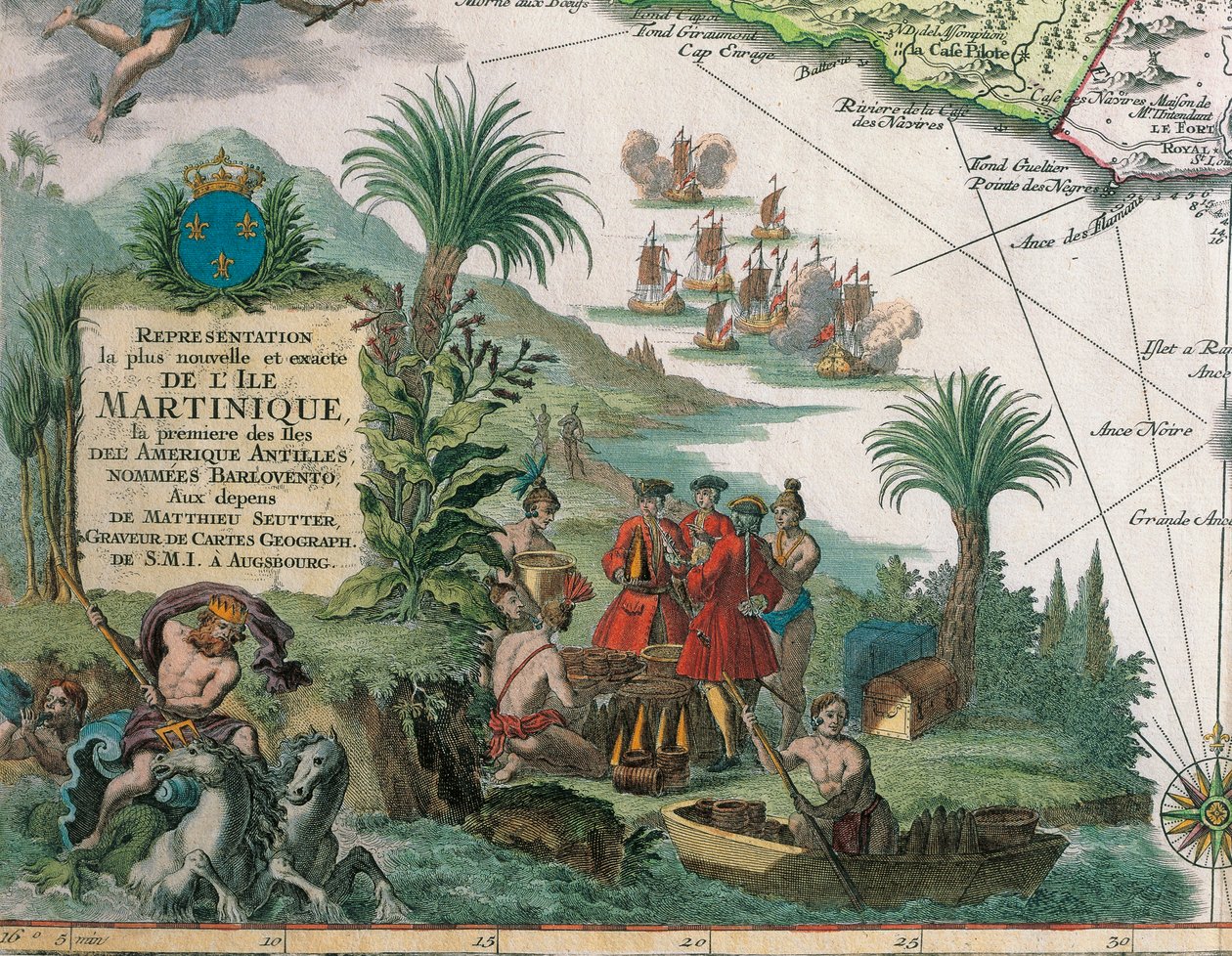 Karta över Martinique skapad av Matthieu Seutter, detaljer: köpmän och indianer av Georg Matthäus Seutter