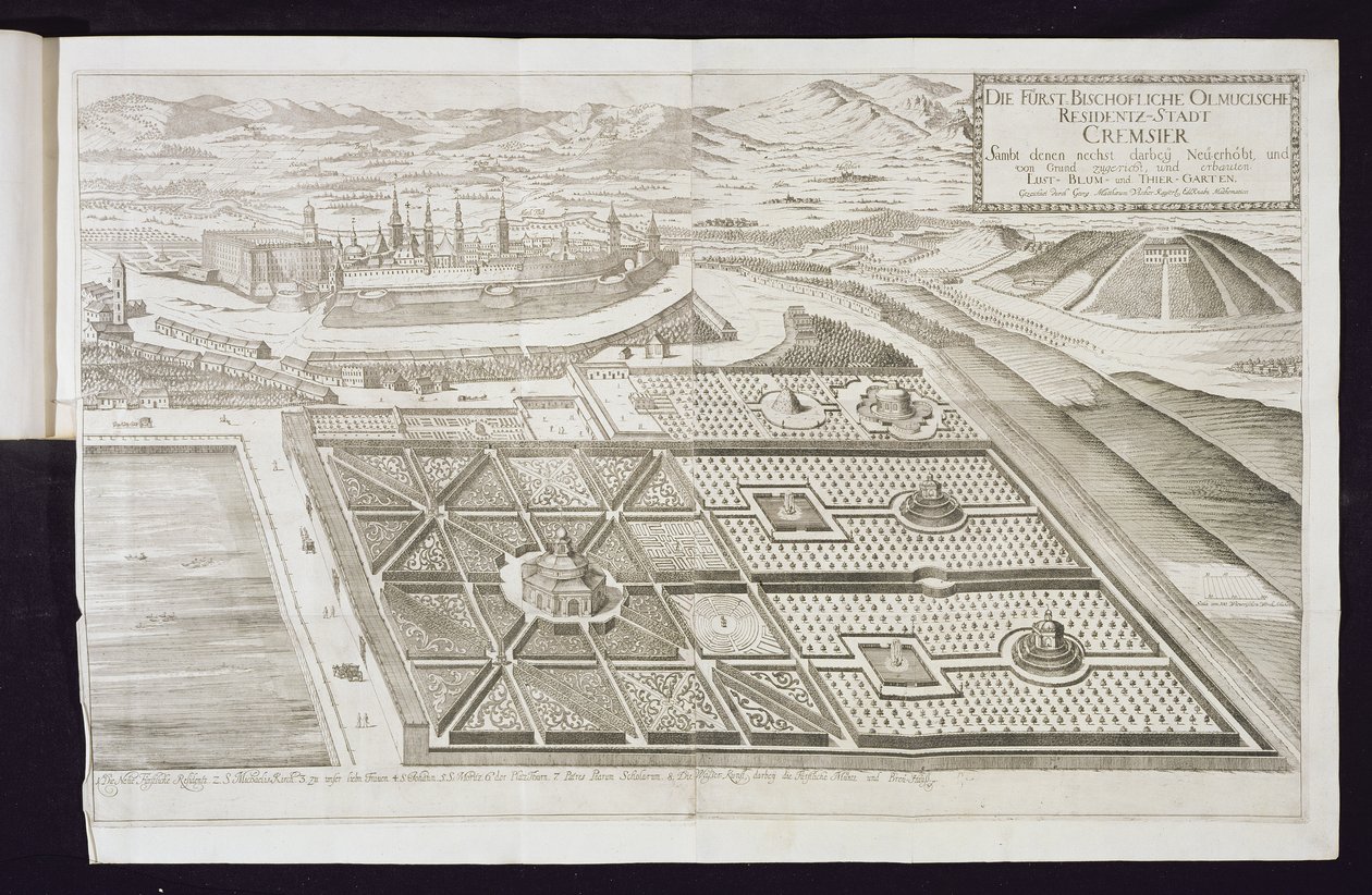 De nya trädgårdarna i Cremsier, prins-biskopens residens, publicerade ca 1700 av Georg Matthaus Vischer