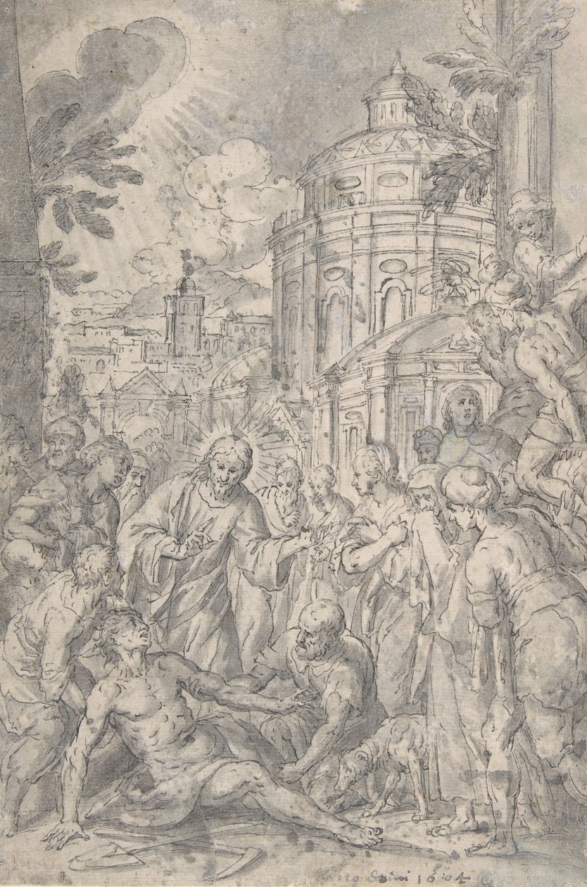 The Raising of the Youth of Naim, sent 1500-tidigt 1600-tal. av Georg Pecham