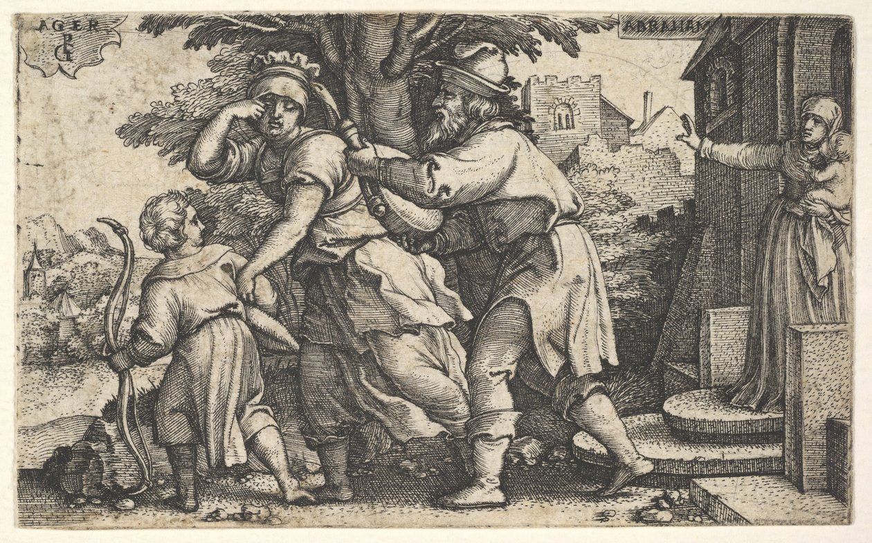 Abraham skickar iväg Hagar och Ismael: Abraham håller fram ett kärl som Hagar och Ishm..., ca. 1543. av Georg Pencz
