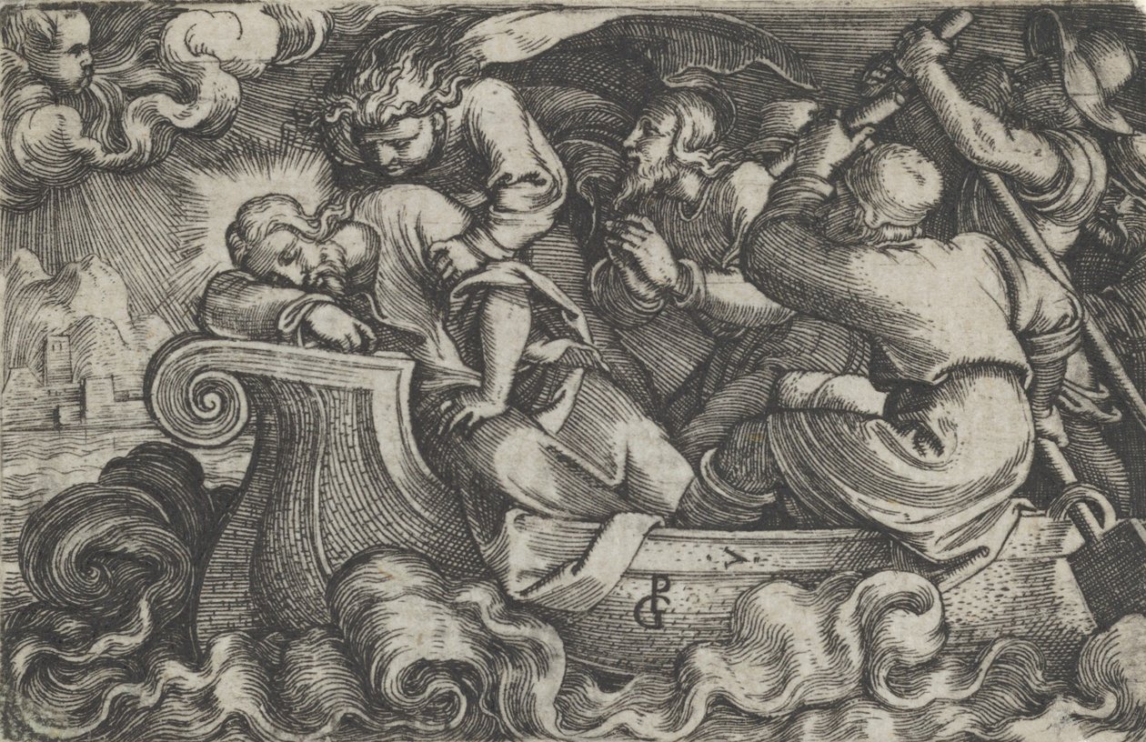 Kristus som sover under stormen på Tiberiasjön, från The Story of Christ, 1534-35. av Georg Pencz
