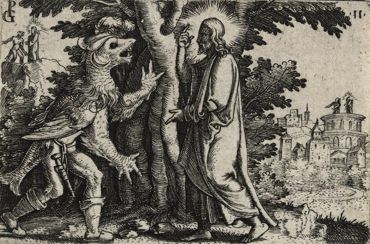 Kristus frestad av djävulen i öknen (gravyr på lagt papper) av Georg Pencz