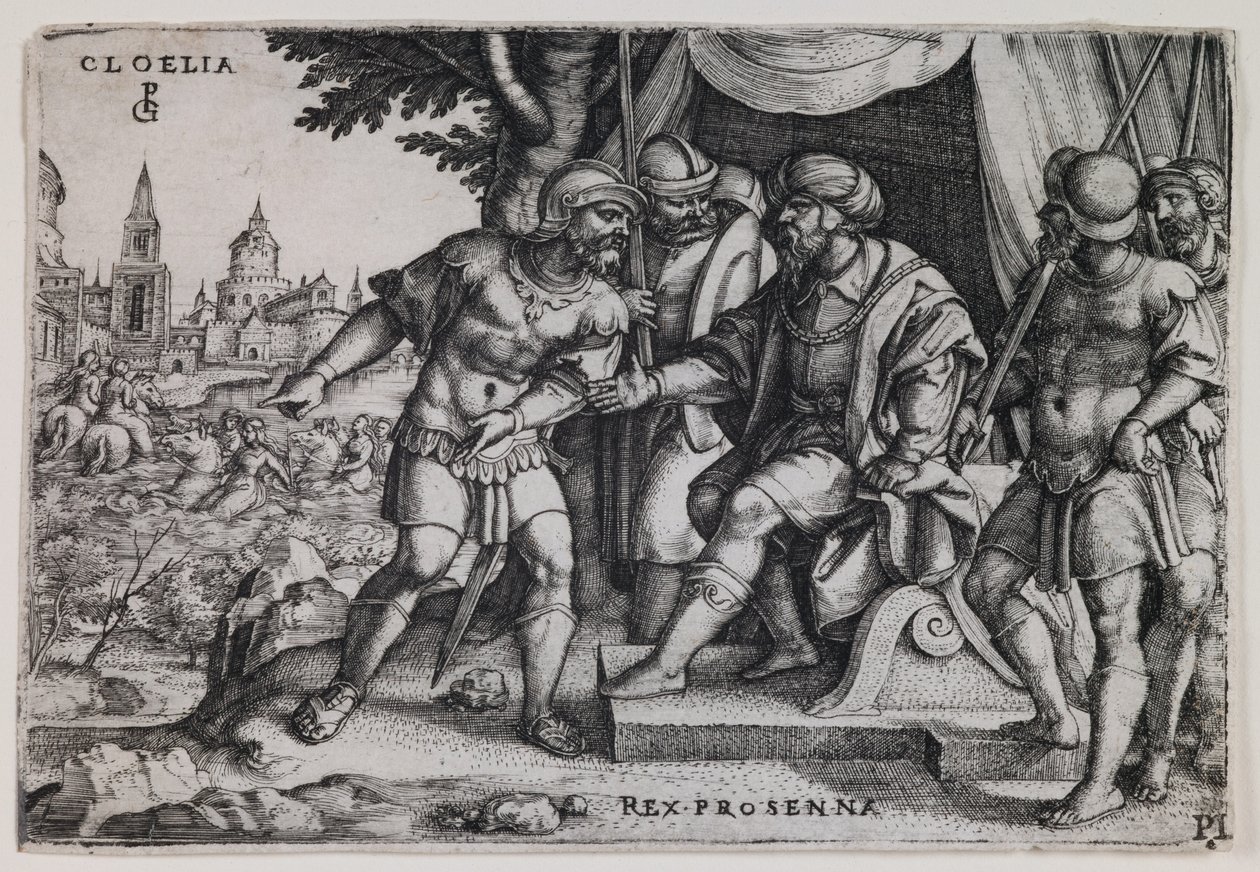 Cloelia och den etruskiske kungen Porsenna, ca 1536-37 (gravyr) av Georg Pencz