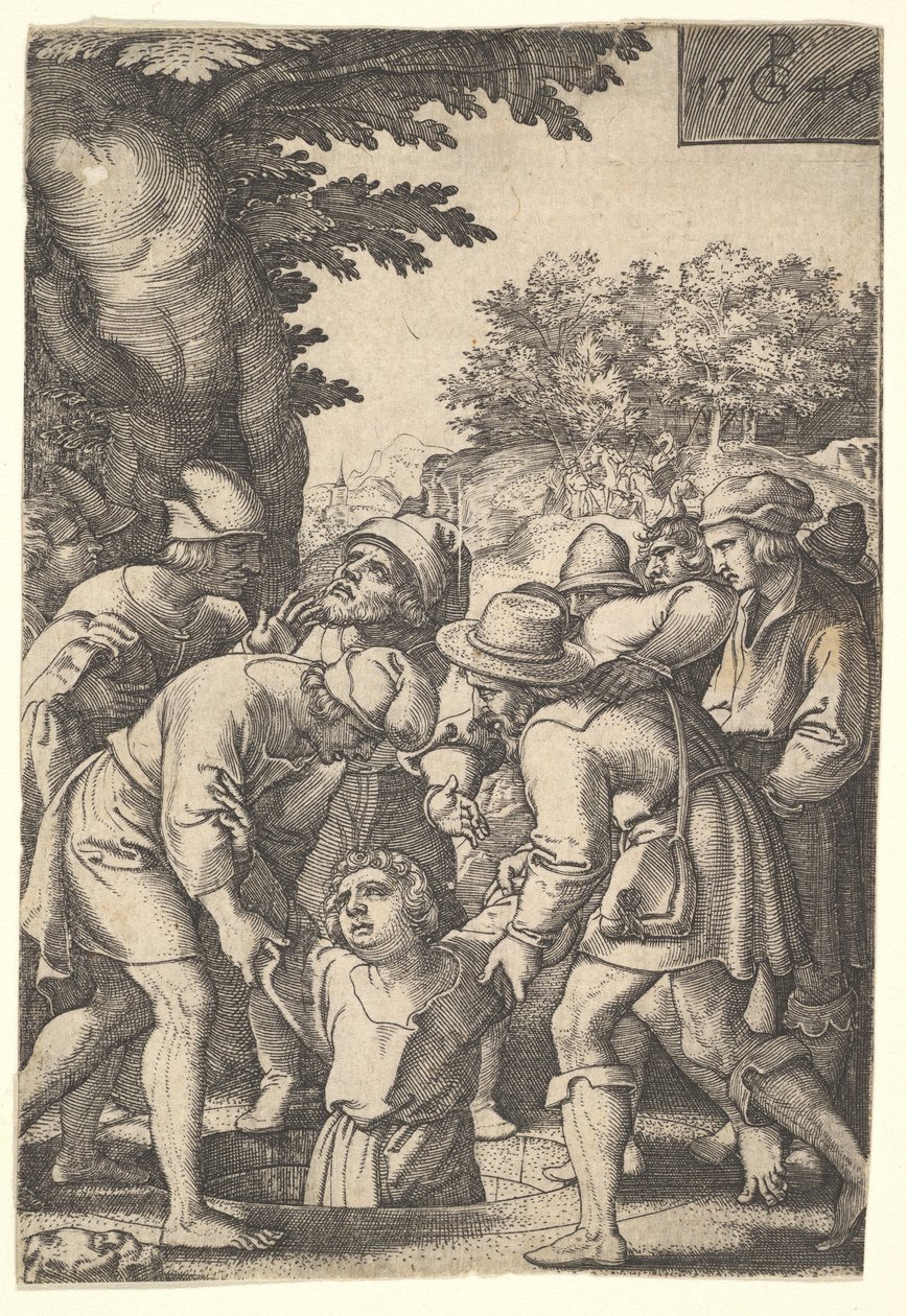 Joseph sänktes ner i en brunn av sina bröder, från serien The Story of Joseph, 1546. av Georg Pencz