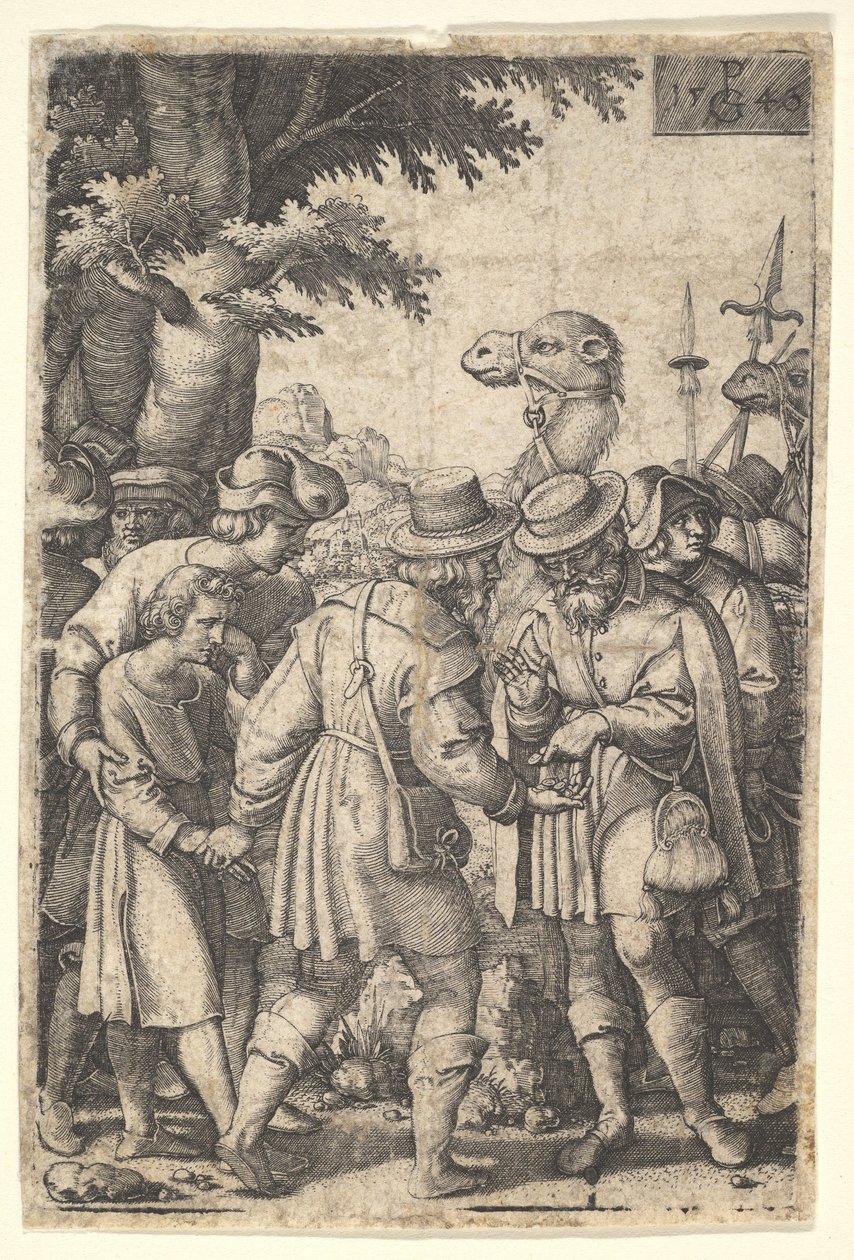 Joseph sålde till köpmännen: en skäggig man som greppar Joseph med sin vänstra hand får co..., 1546. av Georg Pencz