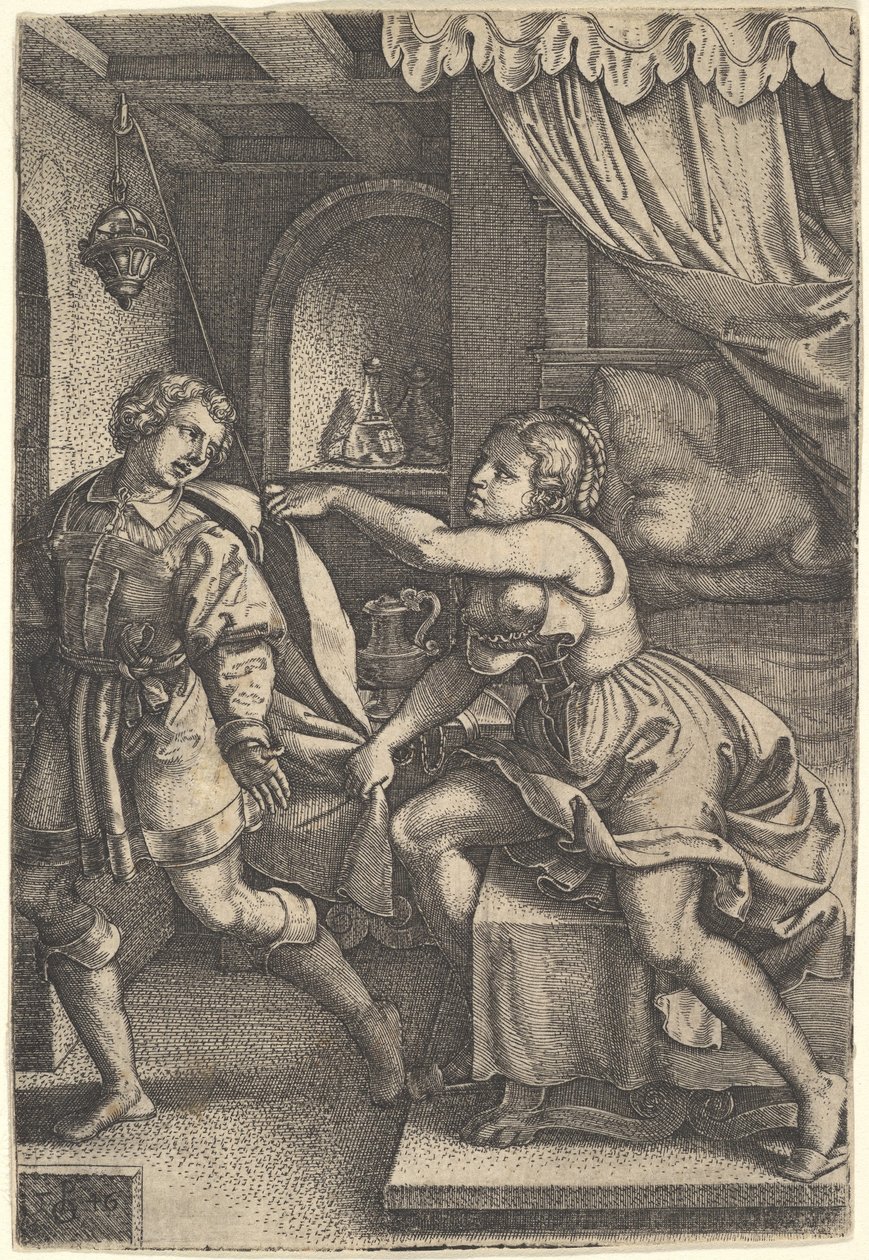 Josef går bort från Potifars hustru, som greppar om hans mantel med båda händerna när hon st..., 1546. av Georg Pencz
