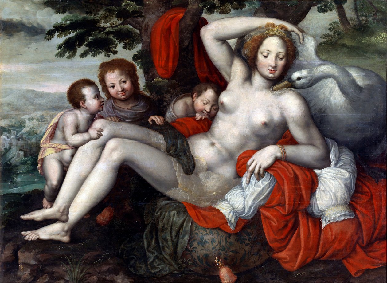 ""Leda and the Swan"" - Leda and the Swan av Pencz, Georg (Jorg) (1500/02-1550), mitten av 1500-talet. - Olja på trä, 92x126 - Museum of the Meadow, Madrid av Georg Pencz