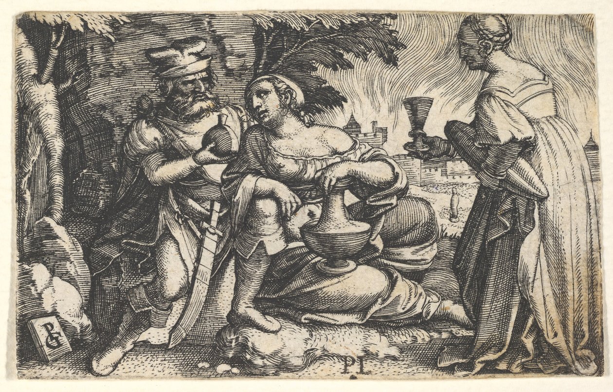 Lot och hans döttrar: en dotter i mitten vilar sin högra arm på Lots knä och en ve..., ca. 1531. av Georg Pencz